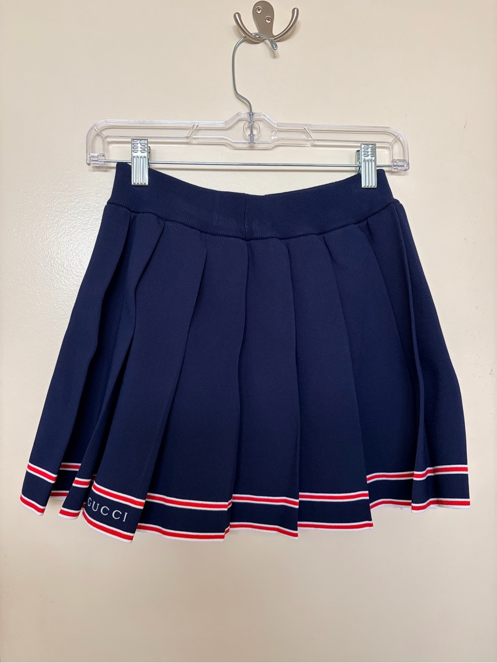 Gucci Navy Pleated Skirt with Red and White Stripe Hem - Picture 3 of 6